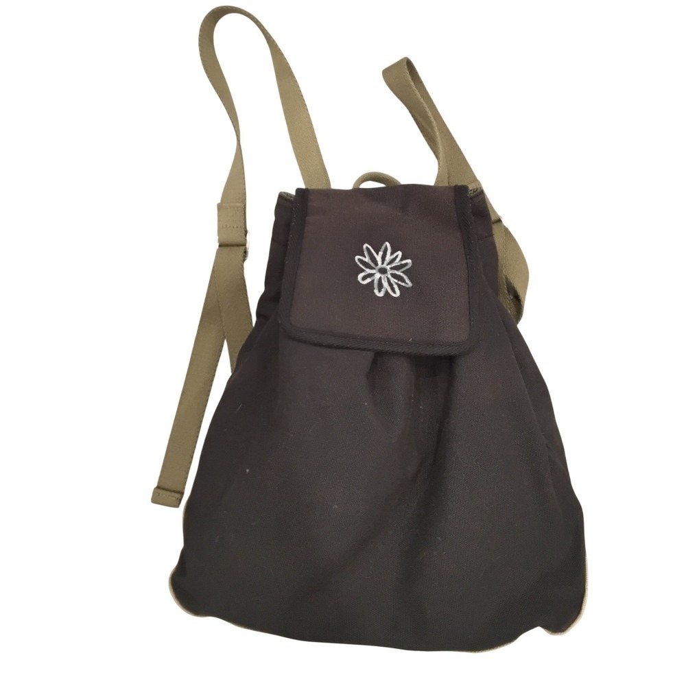 Life is Good Black Olive Green Canvas Drawstring Backpack Cinch Bag Logo Patch